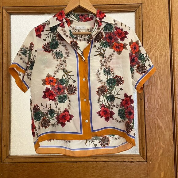 Sandro Women's Silk Floral Print Short Sleeved Button Down - Picture 3 of 11
